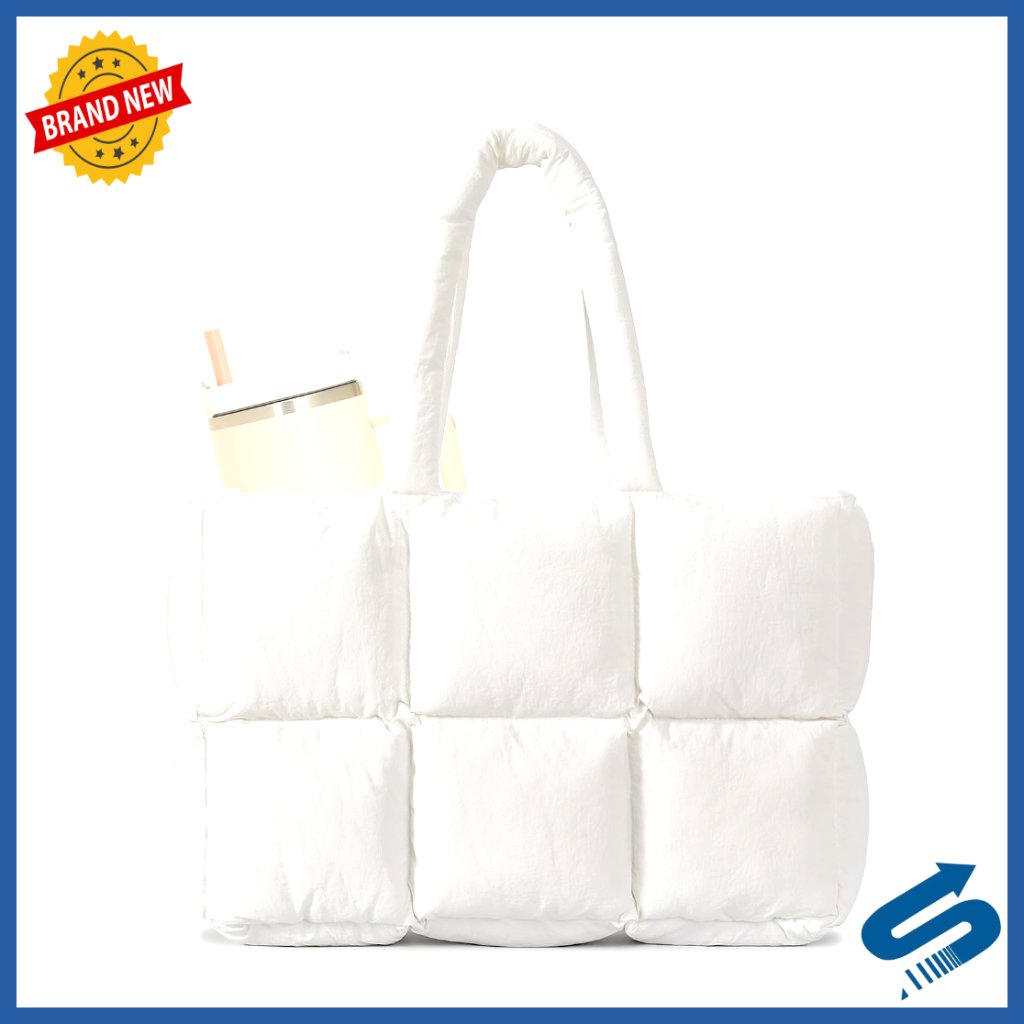 Large Quilted Puffer Tote Bag With Cup Holder & Laptop Sleeve